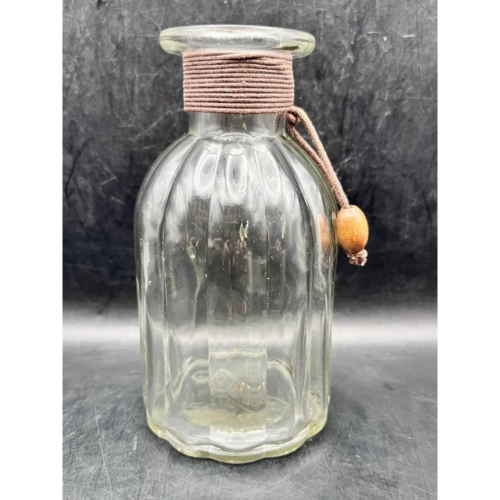Pier 1 Imports Clear Ribbed Glass Apothecary Bottle Jute Wrapped Wood Beads 5.5